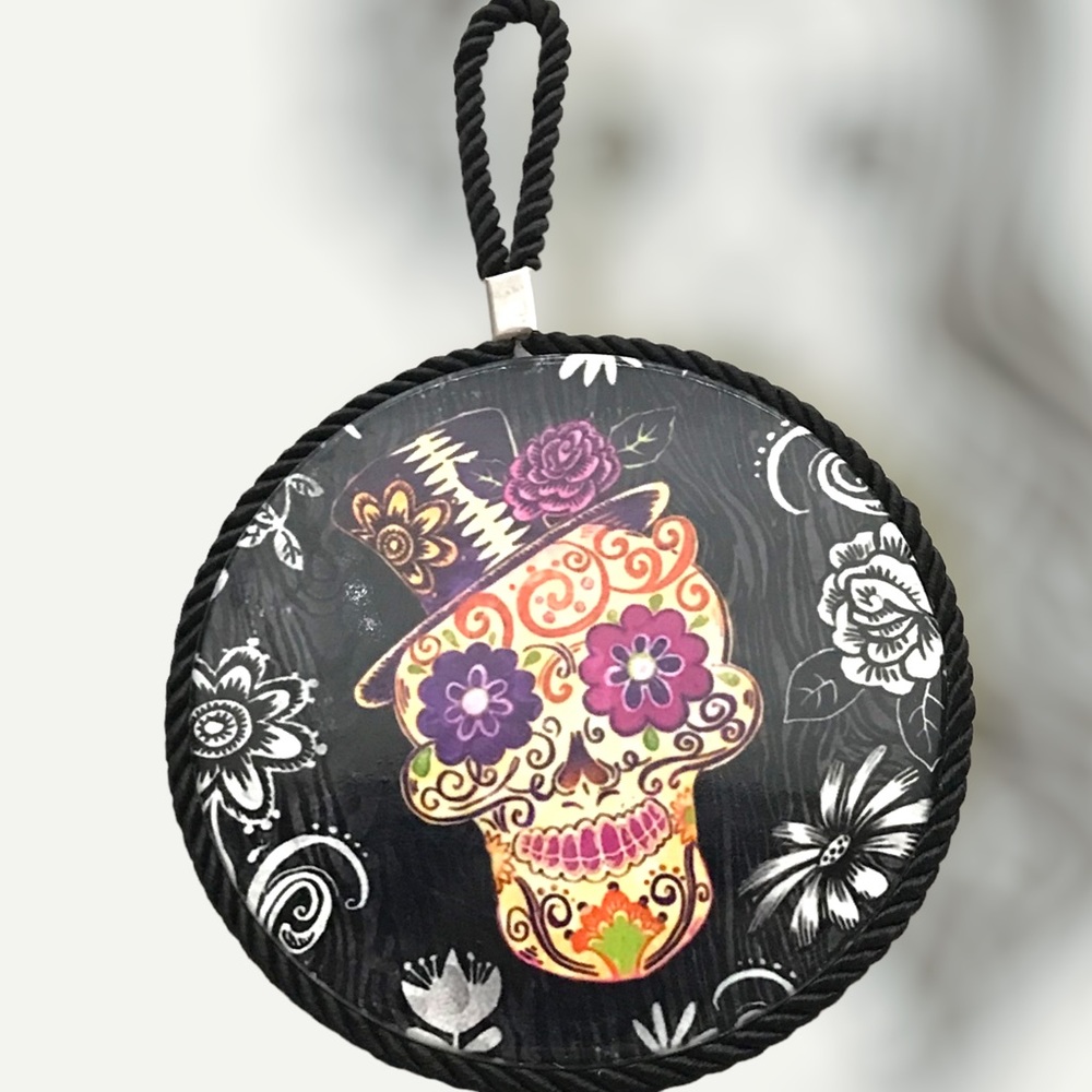 CLEARANCE ~ Sugar Skull Trivet Wall Plaque Round Satin Trim